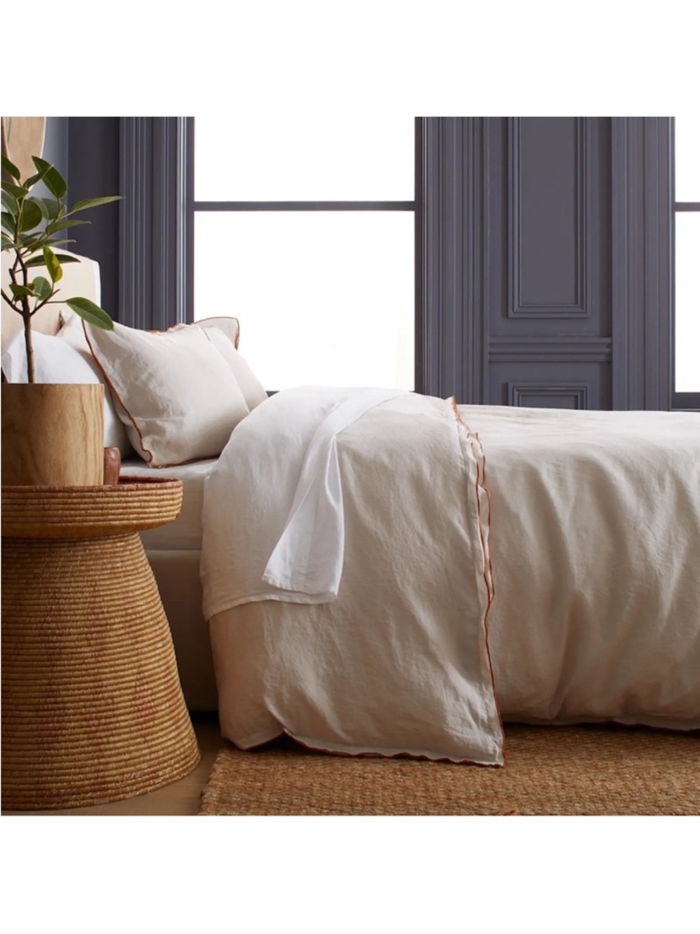 Quince European Linen Embroidered Edge King Duvet Cover Set Sand Flax - Picture 4 of 12